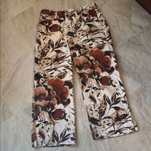 Chico’s Floral Wide-Leg Cotton Blend Pants - Cream with Rust & Brown Print